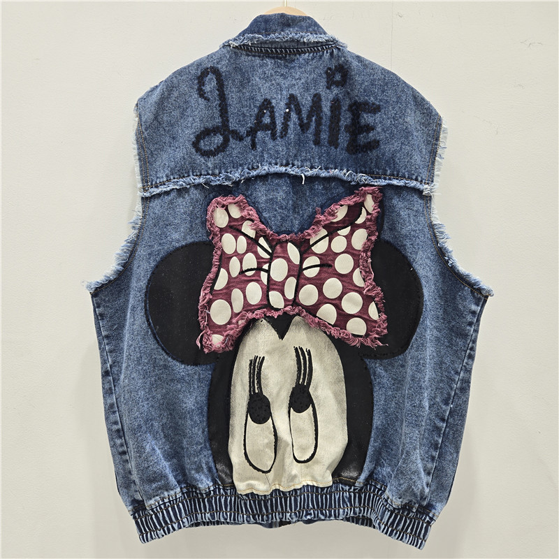 Marca de marea europea 2026 primavera nueva impresión de dibujos animados sequinado denim bordes de lana sensación de diseño chaleco suelto de moda image 3