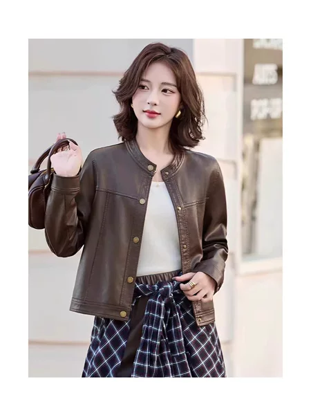 Haining Thin Style Trendy Leather Jacket for Women, Short High-End Popular Style, Stylish 2026 Round Neck New Single Jacket