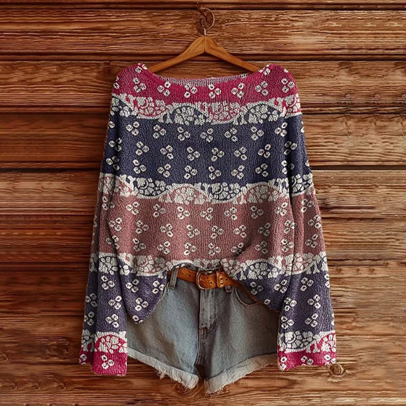 Wq-Yzl4-One-Line Collar Long-Sleeved Plant Flower 3D Printed Sweater