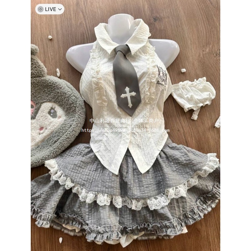 Hot Girl Cut Out Jk Uniform High Waist Short Skirt Design Shirt Cake Skirt Suit Short-Sleeved Shirt Preppy Style