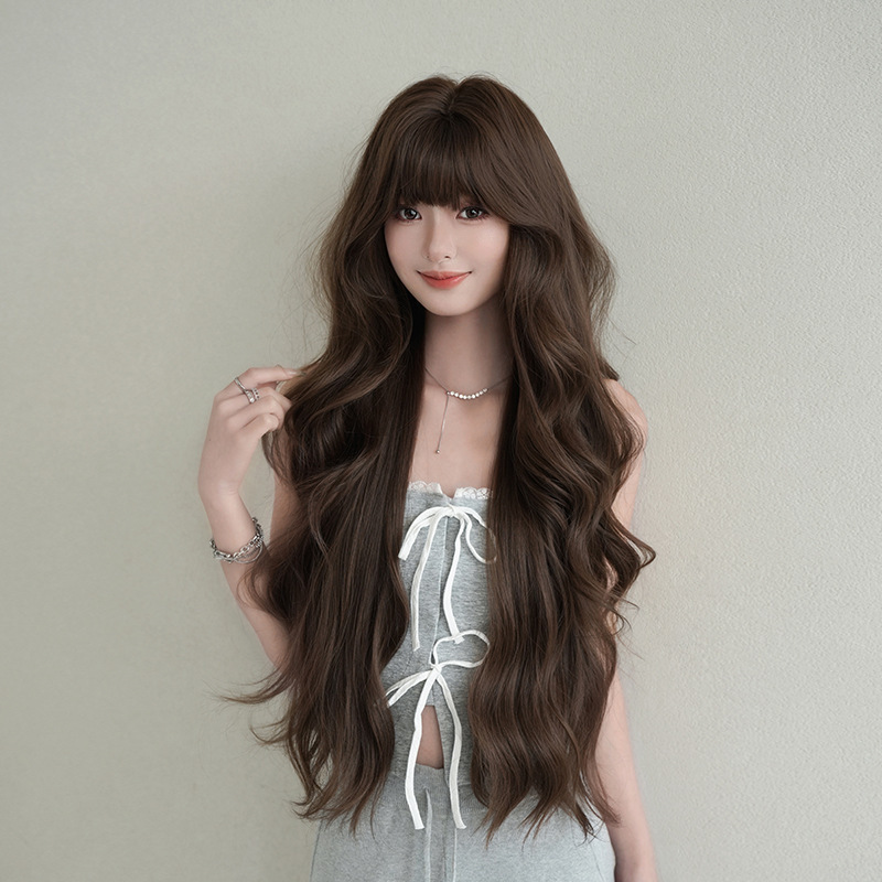 Cross-Border New Wig for Women with Long Curly Hair, Layered Hair with Bangs, High-Quality Internet Celebrity Chemical Fiber Hair, Fashionable Internet Celebrity Full Headgear