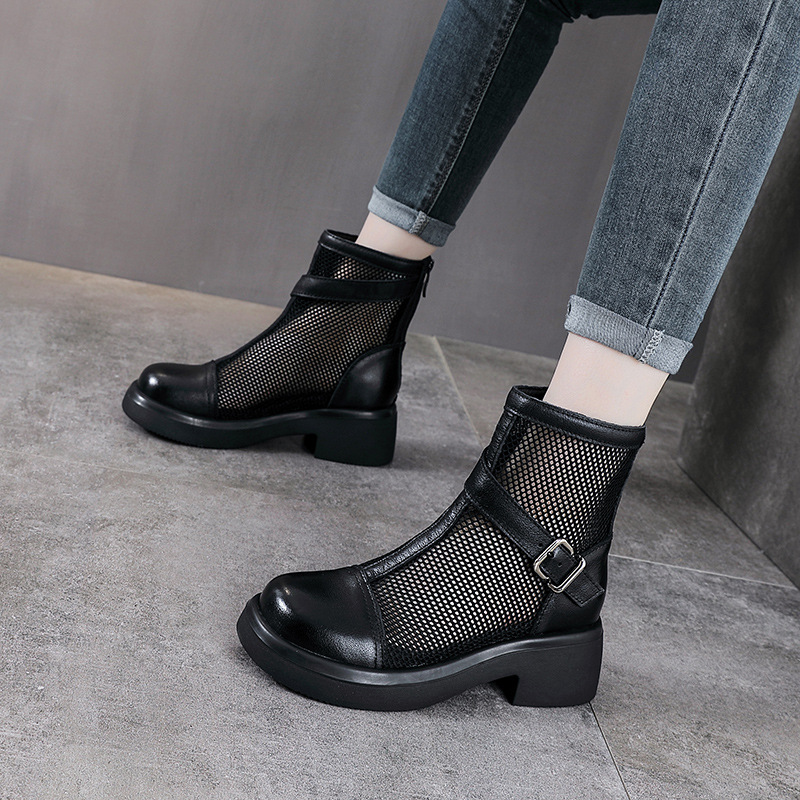 Boot lưới nữ da bò thật cổ thấp kiểu La Mã thoáng khí — màu đen