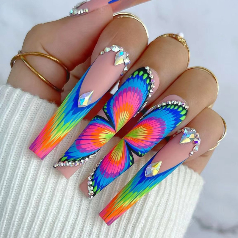 European and American Butterfly Rainbow French Wear Nail Pieces Diamond Gradient Wearable Nail Paste Nail Pieces Nail Art Finished Products European and American Butterfly Rainbow French Wear Nail Pieces Diamond Gradient Wearable Nail Paste Nail Pieces Nail Art Finished Products
