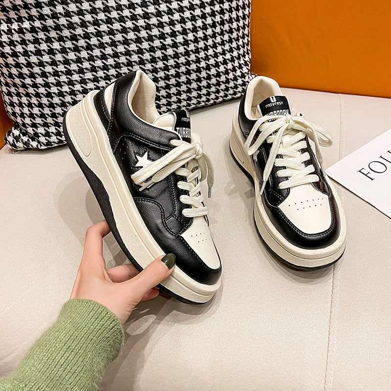 真皮厚底小白鞋女2023春韩运动休闲内增高星星黑白熊猫板鞋女现货
