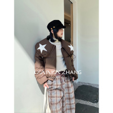 CZ ZHANG秋冬90白鸭绒大翻领羽绒服短外套女撞色贴布面包服B48163