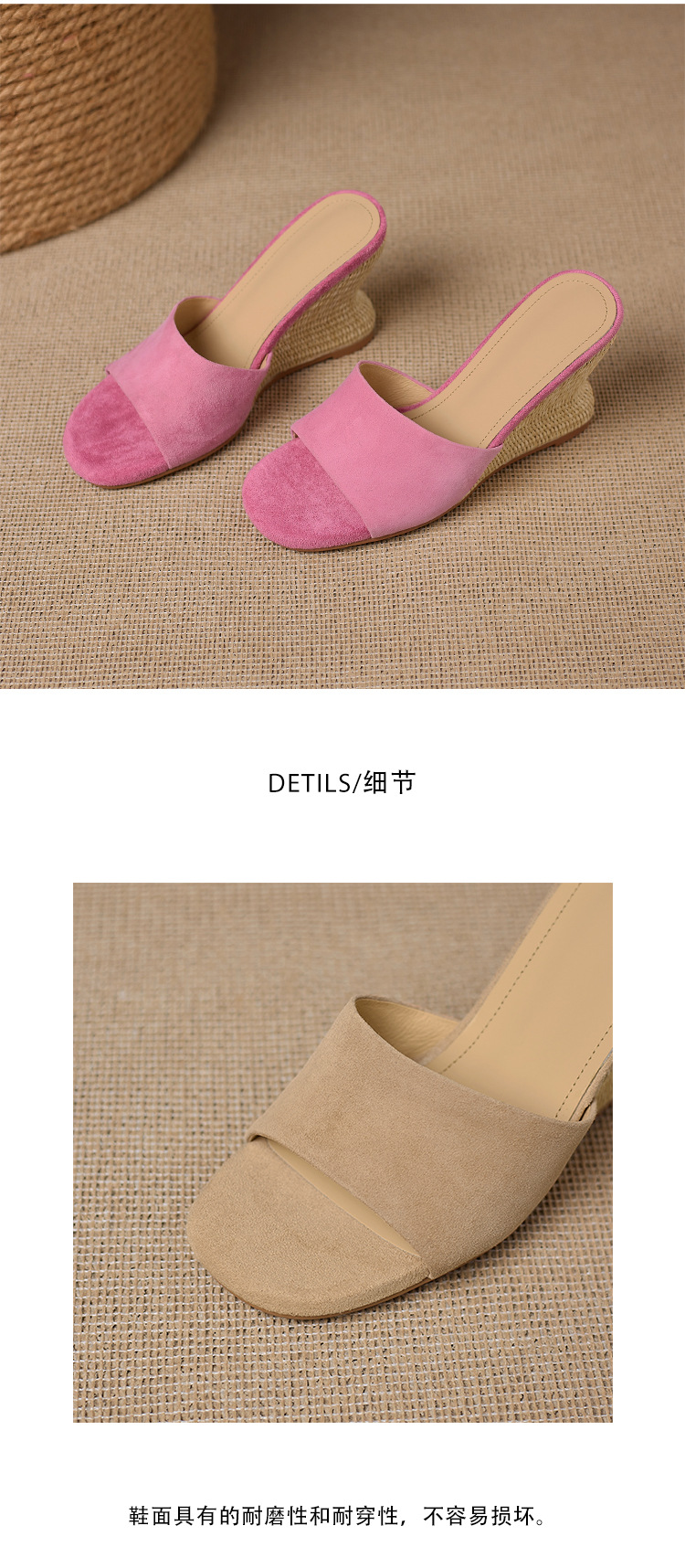 Dép sandal nữ quai ngang gót xuồng cao 9 cm, mũi hở, chất liệu da lộn giả cừu — Hồng, Màu hạnh- chi tiết 14