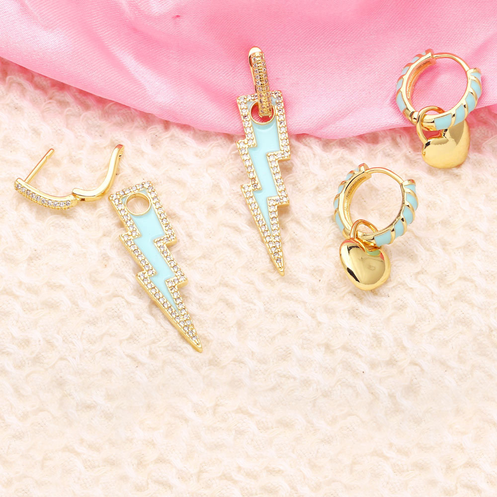 fashion long lightning heart drop oil copper 18K gold-plated inlaid zircon earrings