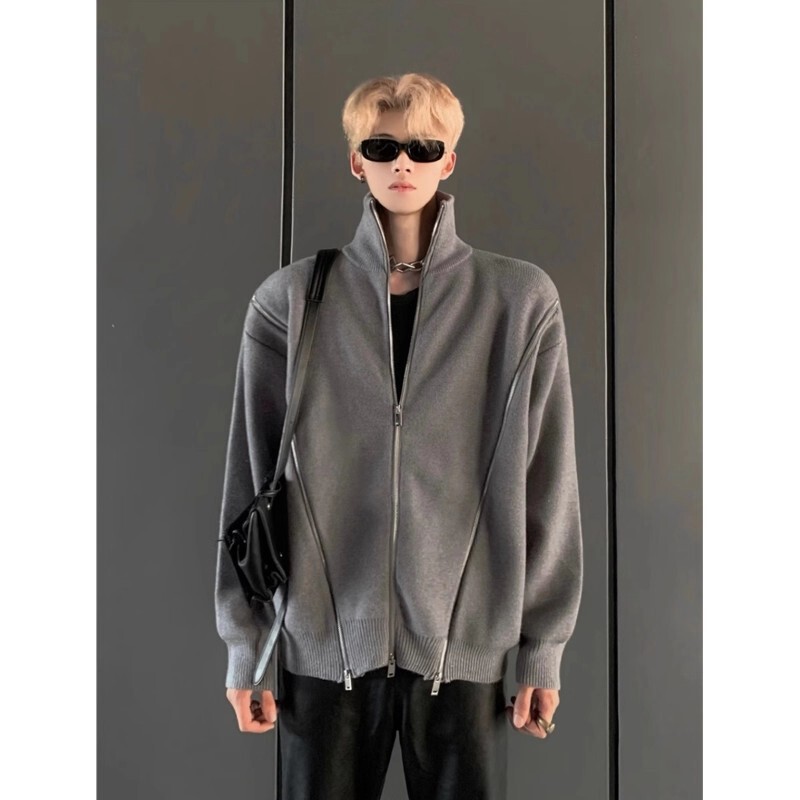 Autumn and Winter Korean Fashion Item Three-Zipper Designer Sweater Men's Stand-Up Collar Warm Pure Color Knitted Cardigan Jacket for Men