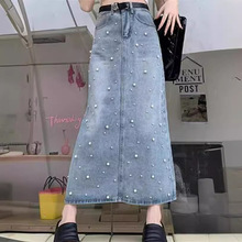 浅蓝色开叉牛仔裙半身裙女新款2024年夏季高腰显瘦a字裙中长裙子