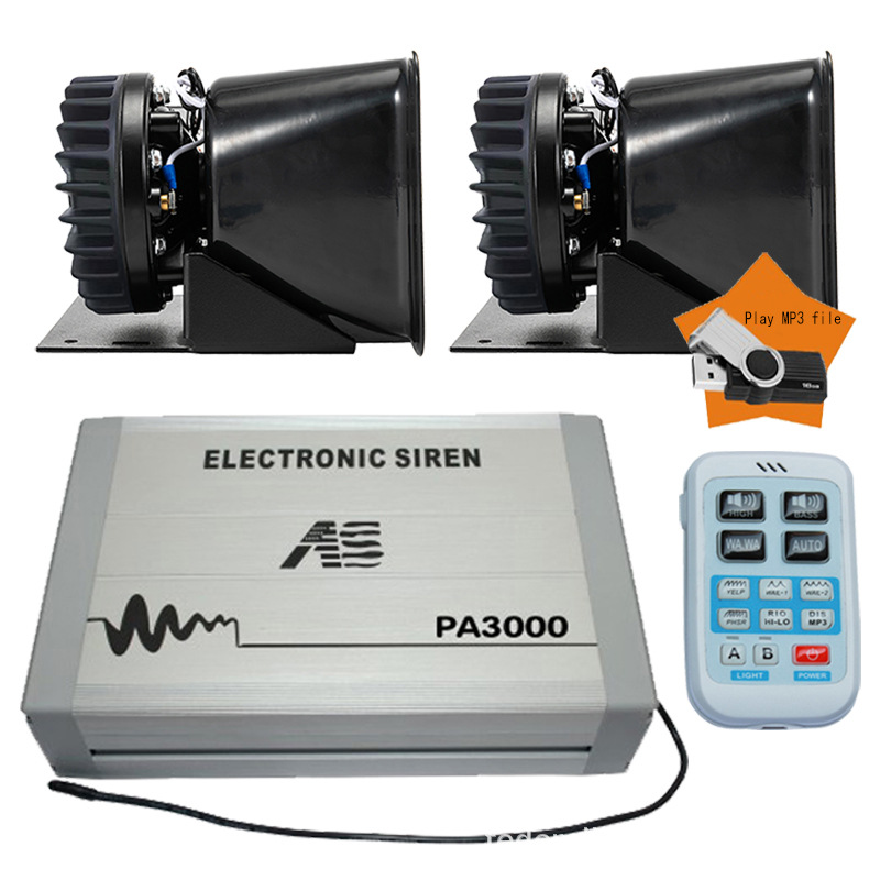 PA3000 car-mounted wireless siren and megaphone with high-pitched alarm, USB drive, MP3 function, and a round speaker with heat dissipation