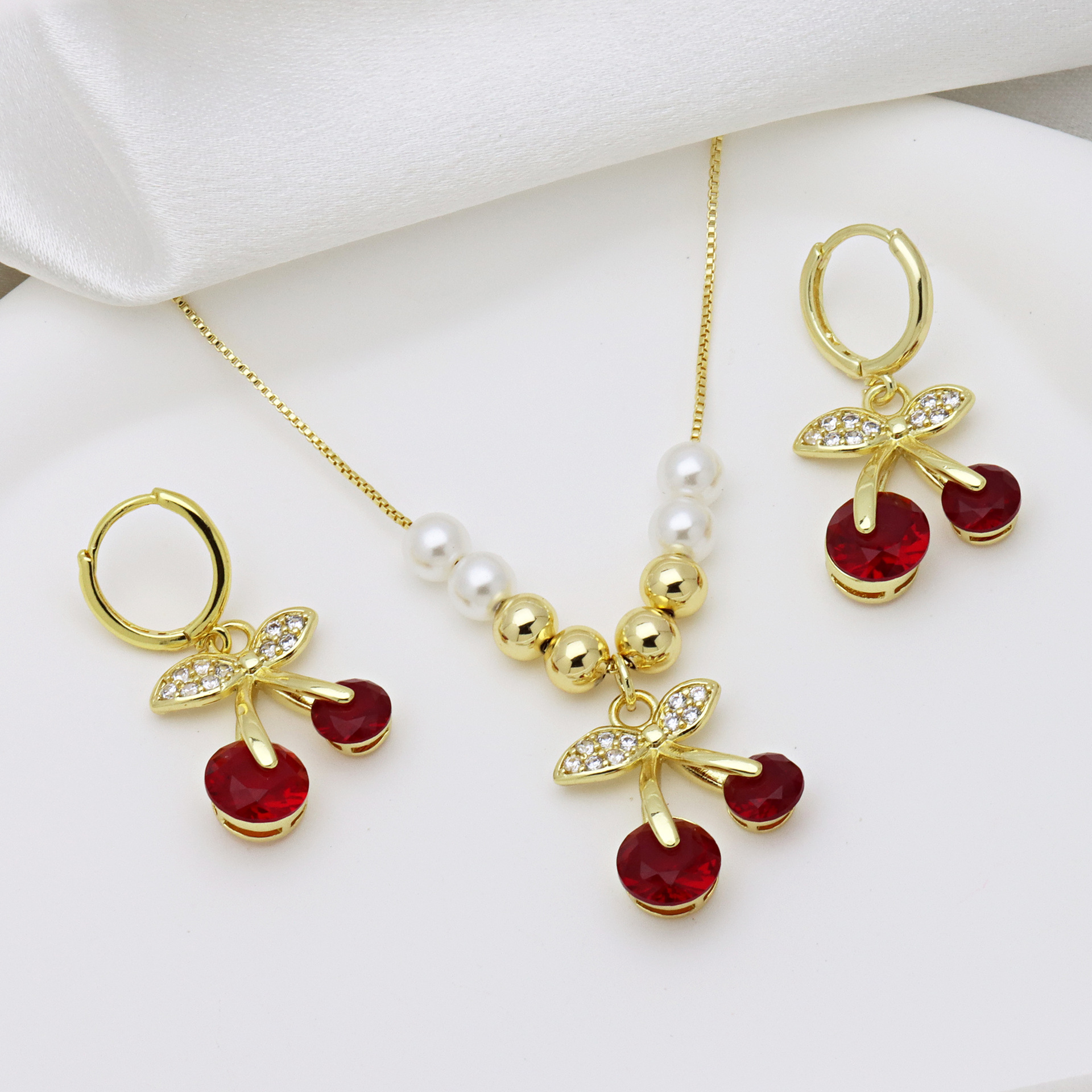 16g Weight Zircon Inlay Material Jewelry Set Classification box chain Chain Type 1 Set Quantity Holiday Occasion Copper Material Cherry Pattern All Seasons Season Women's Gender Inlay Design Vacation, Simple Style Style Wholesale Jewelry Vacation Simple Style Cherry Copper Zircon Inlay Jewelry Set Box Chain 4
