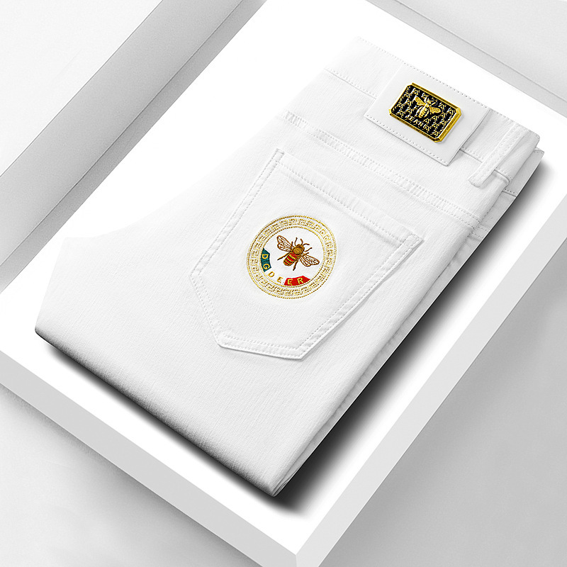 【European Station】High-End European Jeans, All-Season White Men's Pants, Spring and Autumn Fashion Embroidered Men's Casual Pants