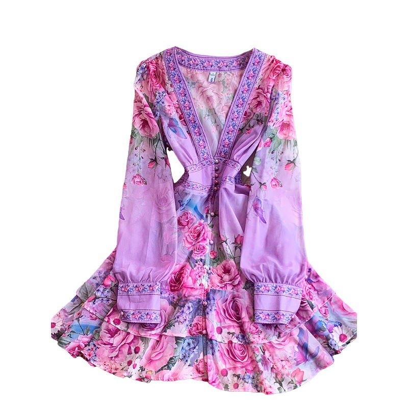 Retro Court Style Women's Dress Sexy Deep V Neck Long Sleeve Summer Floral Print Elegant Fairy Romantic_ecoleips.com