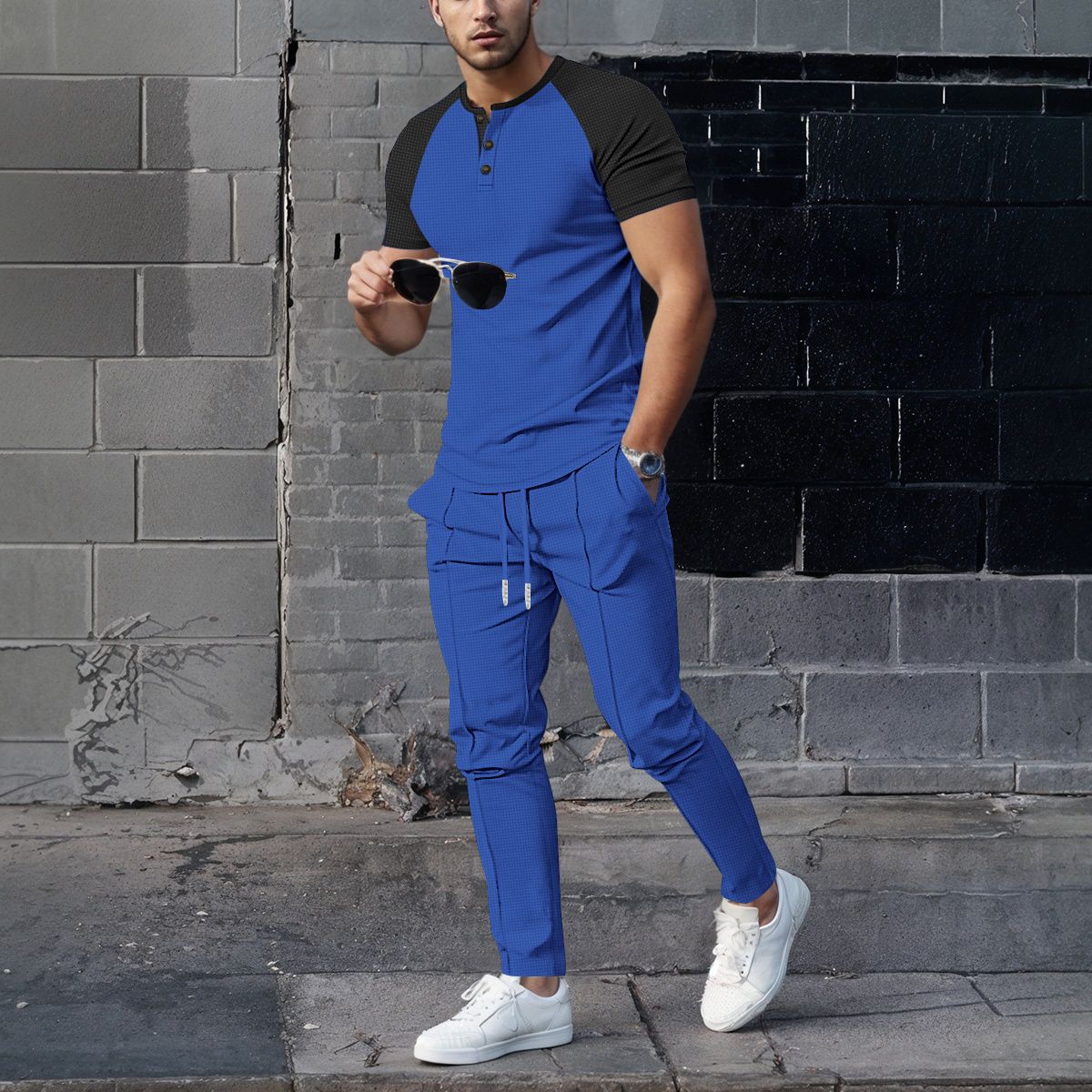 Men's Clothing Men's Summer Waffle Knit Crew Neck Color Block T-Shirt Short Sleeve Casual Outdoor Set For Formal & Casual_viptrois.com