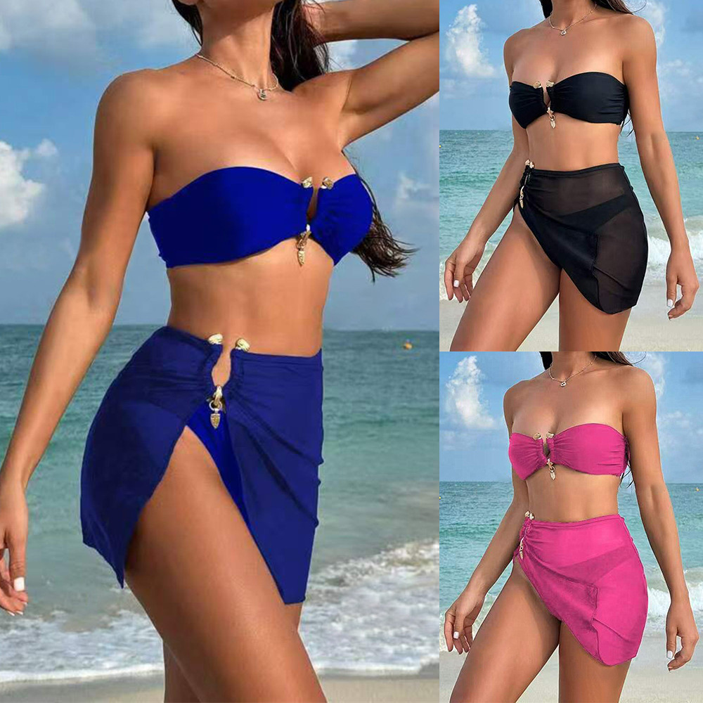 2025新款欧美抹胸分体泳衣三件套性感露背比基尼bikini外贸亚马逊