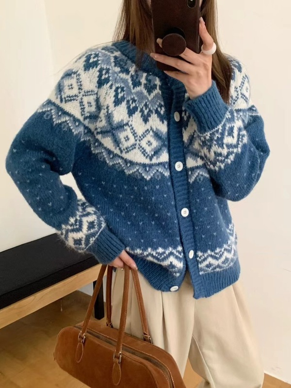 氛围感复古提花费尔岛毛衣开衫女秋冬季新款宽松慵懒风针织衫外套|undefined