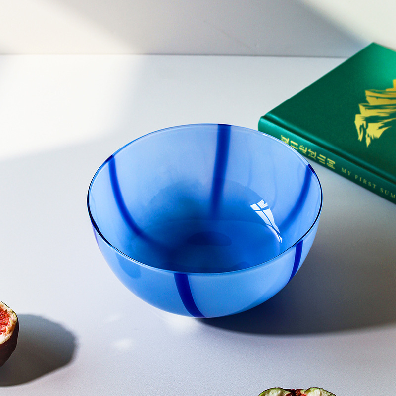 Blue Striped Glass Bowl Heat-Resistant Household Japanese Fruit Salad Bowl Plate Trendy Student Dormitory Instant Noodle Bowl Wholesale