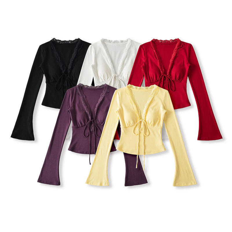 25 New Autum Lace V Neck Strap Trumpet Long-Sleeved Short T-Shirt American Pure Lust Style Lace