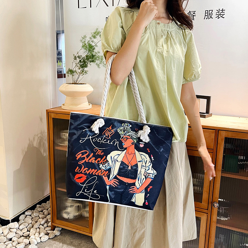Cross-Border Versatile Tote Bag Large Capacity Women's Beach Bag Portable Shopping Bag with Zipper Printed Cotton Rope Black Girl