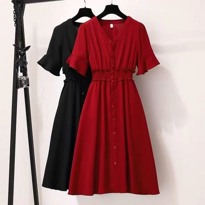 v領中長裙優雅短袖連衣裙氣質收腰裙子胖mm大碼200斤顯瘦打底裙