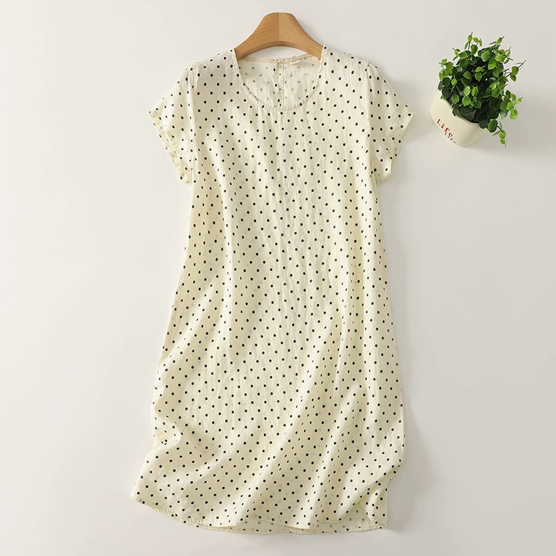 Настоящее фото льняного платья в горошек, элегантный круглый вырез, короткие рукава, художественный японский стиль, женская летняя одежда.