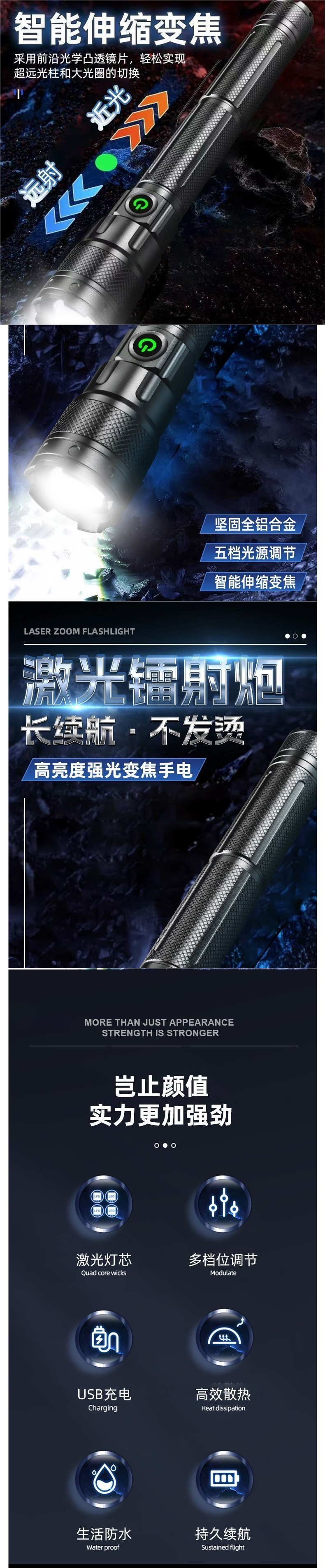 New model of rechargeable high-brightness flashlight, ultra-bright, portable, long-range, durable, with ultra-long battery life, emergency lighting