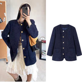 高版本定~制ICE25秋冬新款复古大口袋圆领夹克气质小香风羊毛外套