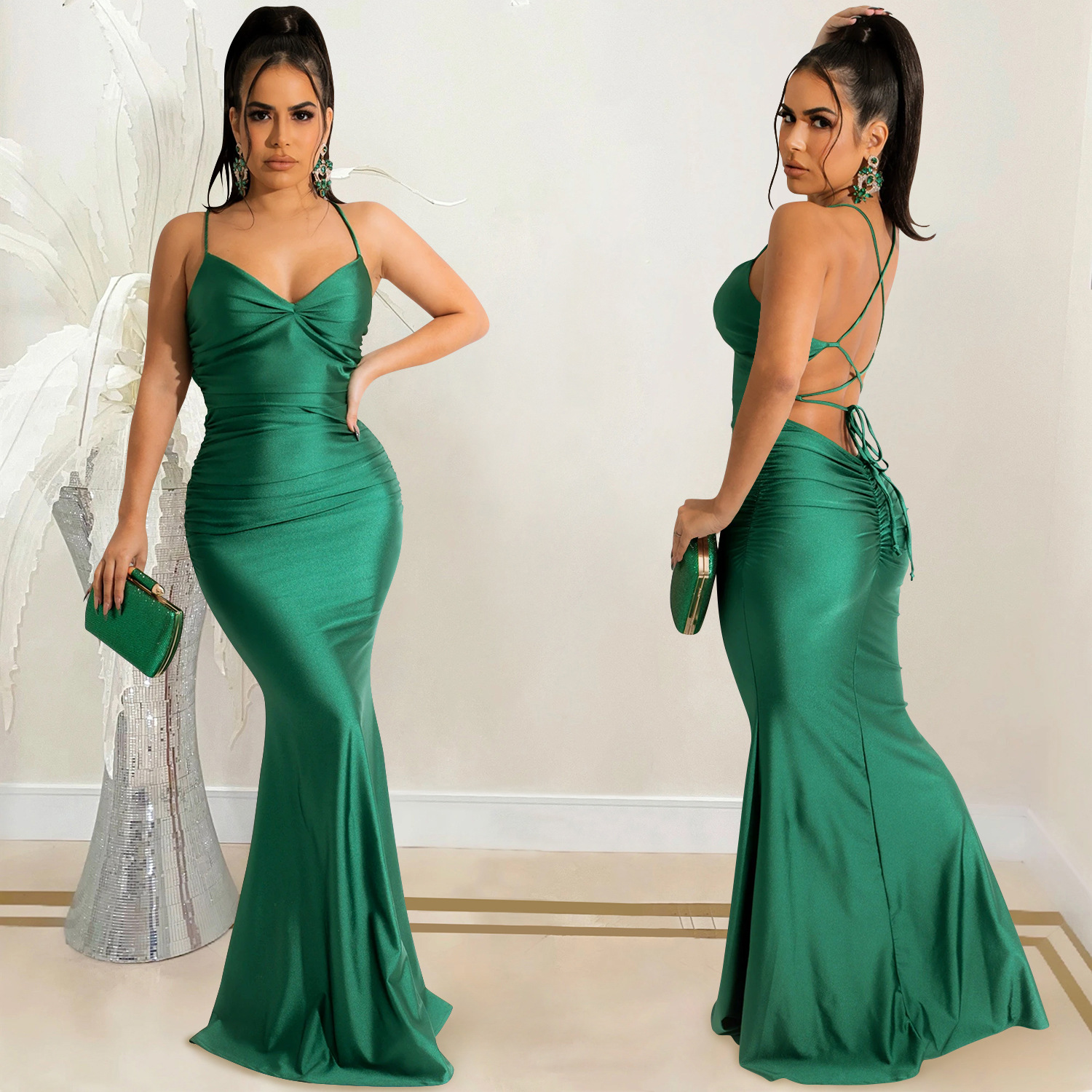 X5617 transfronteriza AliExpress Amazon color sólido sexy Sling envuelto pecho sin espalda vestido de encaje vestido apretado