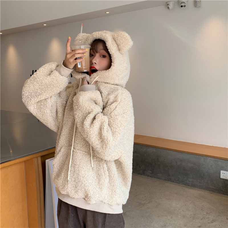 300g Imitation Cashmere Sweatshirt Jacket for Women New Autumn and Winter Cute Bear Ears Loose Long-Sleeved Top