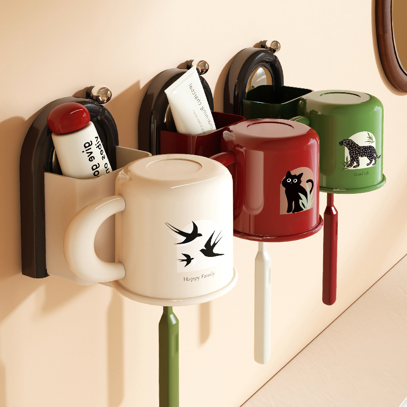 Household Toothbrush and Tooth Cup Storage Rack Mouthwash Cup Wall-Mounted Punch-Free Storage Antique Style Bathroom Tooth Cup Hanger