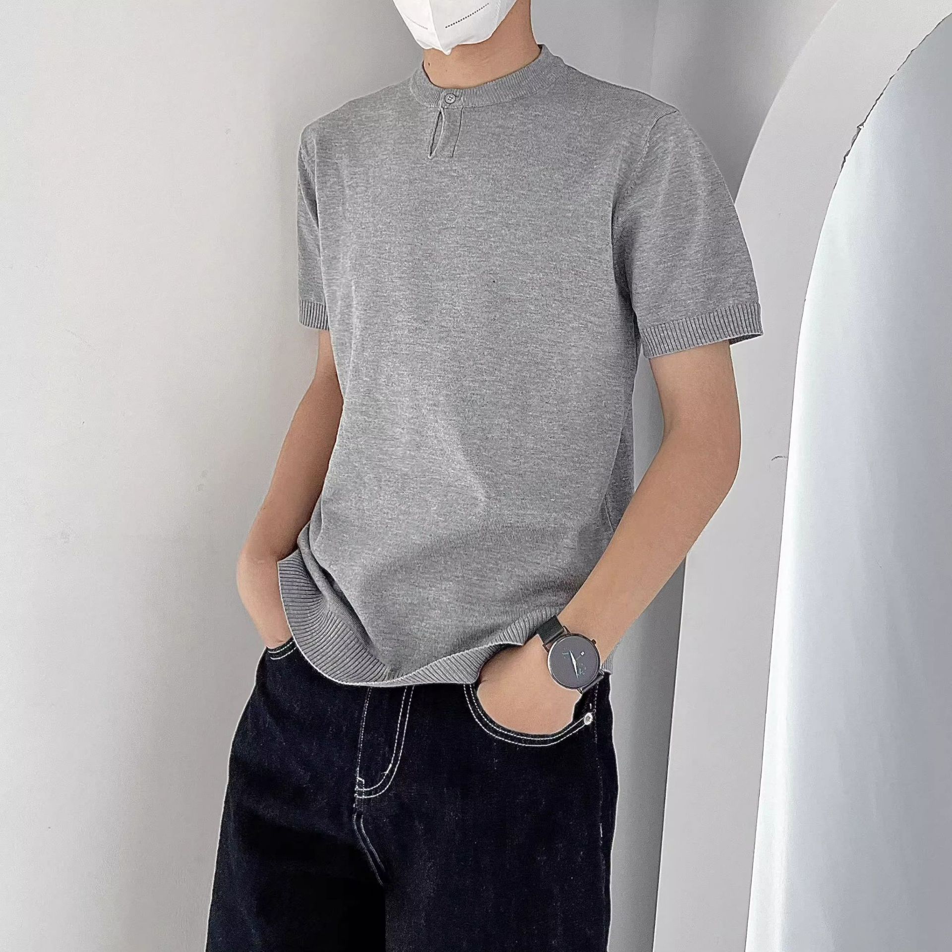 Botón de cuello en V camiseta de manga corta hombre color sólido inglés de negocios de verano de seda de hielo transpirable comercio exterior al por mayor transfronterizo