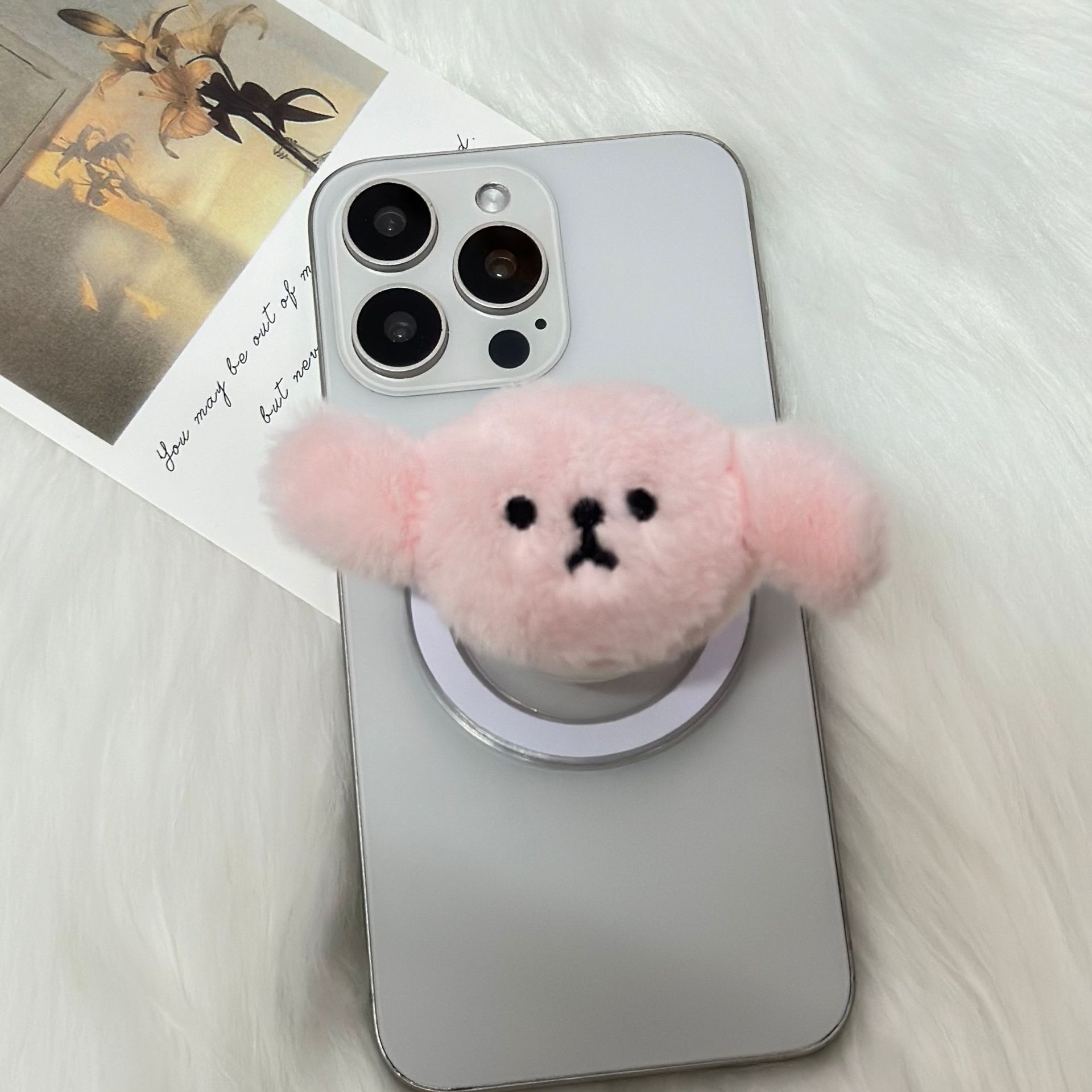 Plush Cute Puppy Phone Airbag Magnetic Stand Korean Ins Style Ring Retractable Lazy Desktop Watching Drama_voghion.com