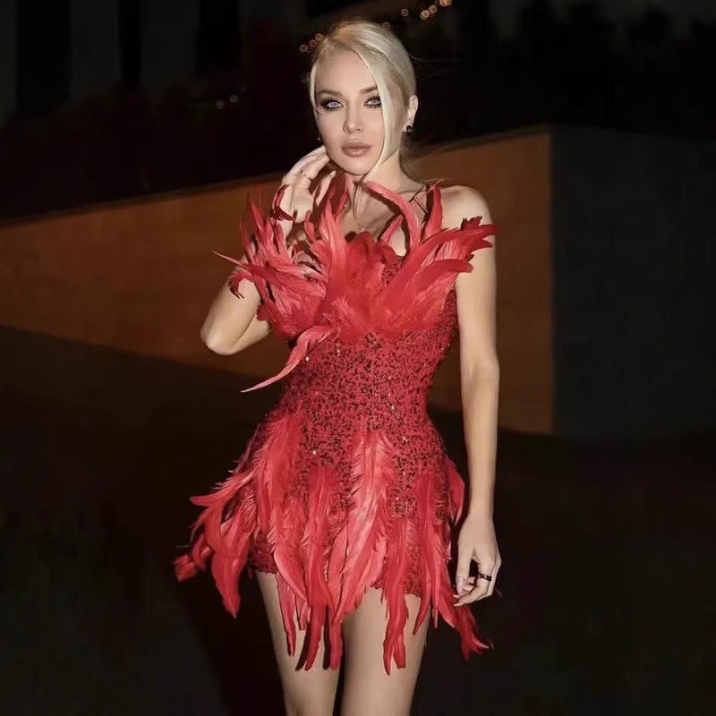 Foreign trade Europe and the United States heavy industry long feather sequins tube sexy slim hip cocktail party party dress dress evening dress