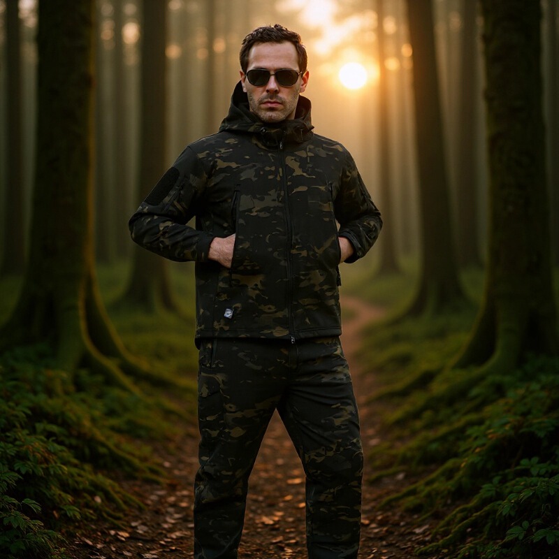 Cross-Border Supply Tad Sharkskin Softshell Jacket Set, Warm, Wear-Resistant, Waterproof, Breathable, Fleece-Lined Camouflage Windbreaker