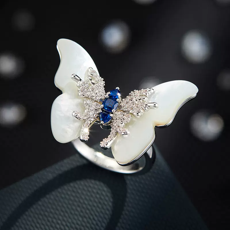 轻奢幻彩天然贝母开口戒指原创设计高级感铜合金镶锆石可调节指环