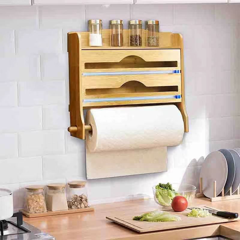 Envoltura de plástico de bambú caja de corte cocina condimento estante bambú estaño papel de corte caja con rollo de papel rack