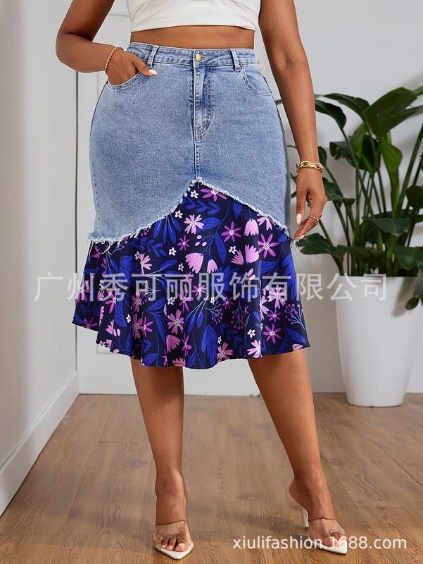 欧美跨境    时尚花布拼接牛仔   女士大码半身裙|undefined