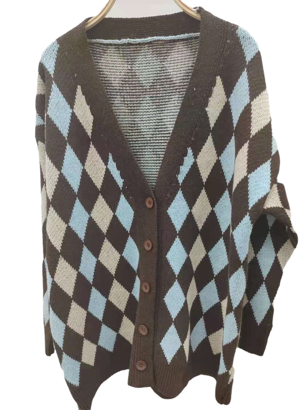 Geometric Print Loose Mid-Length Knitted Cardigan NSJXW106467