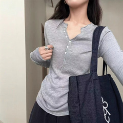 设计感亨利领正肩T恤女秋冬长袖上衣修身高级感显瘦半开领打底衫