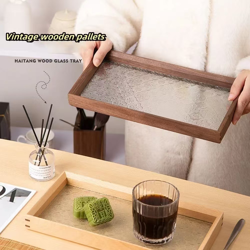 Bégonia retro bandeja de té rectangular de alto valor de madera refrigerio taza de té bandeja de té bandeja de vidrio