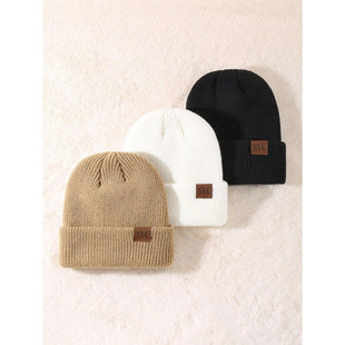 Q 80104 Leather label knit beanie Ƥ��ᘿ�ë��ñ�羳���u