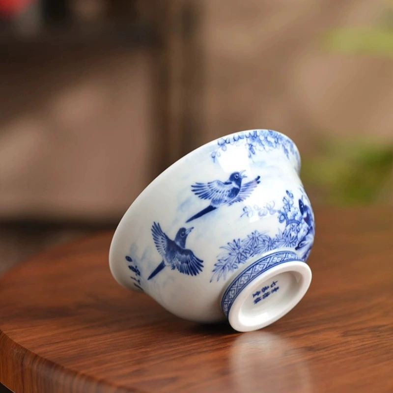 Керамическая чашка-цветок с птичкой в стиле синего и белого фарфора из Jingdezhen, антикварная одиночная чашка, эксклюзивная мастеровая чашка, элитная чайная чашка