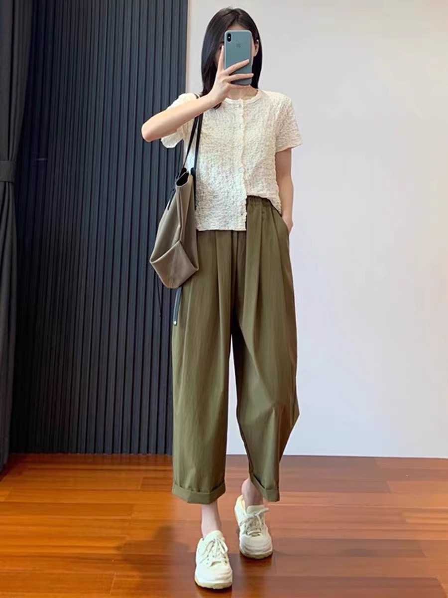 Quần dài ống đứng nữ vải lụa băng mỏng mùa hè, dáng suông thoáng khí, cỡ lớn cho người mập — 9 phân mẫu mỏng màu đen chi tiết 6