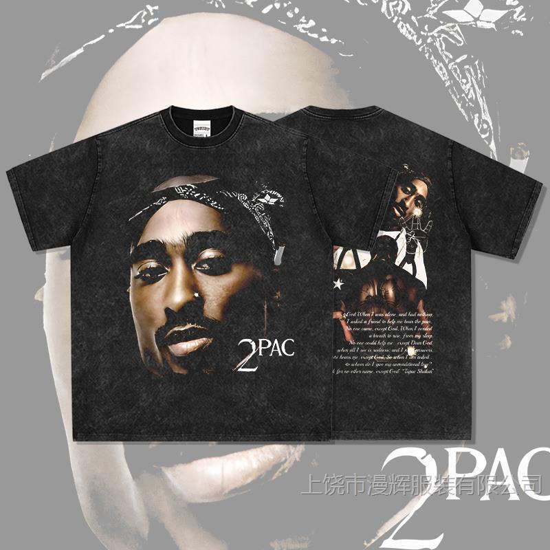 Vintage Hip-Hop TUPAC Double-Sided Batik Print Short-Sleeved T-Shirt Washed Heavy-Hooded Round Neck Sweatshirt