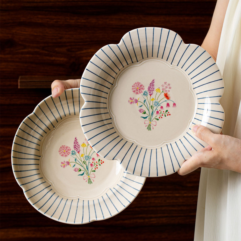 下絵付けレトロ花びらプレートフランス陶器食器家庭用ボウルとプレートセットボウルと食器丼高価値|undefined