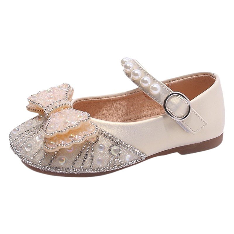 Zapatos de cuero poco profundos para niñas, primavera y otoño 2025, nuevo estilo coreano, zapatos de princesa con cristales de diamantes completos para niños, zapatos de perlas para actuación