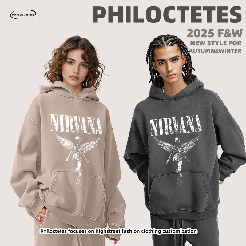 Pullover Hoodie with Rock Design Print, 420g Heavyweight, Salt-Washed and Distressed, American Retro Style Hoodie Pullover Hoodie with Rock Design Print, 420g Heavyweight, Salt-Washed and Distressed, American Retro Style Hoodie