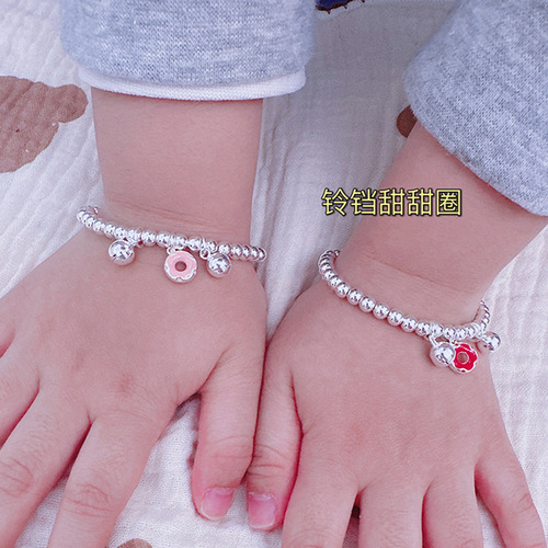 Baby Hand Chain S925 Silver Colorful Donut Bell Engraved Bracelet 4MM Parent-Child Series Children Pure Silver Bead Necklace