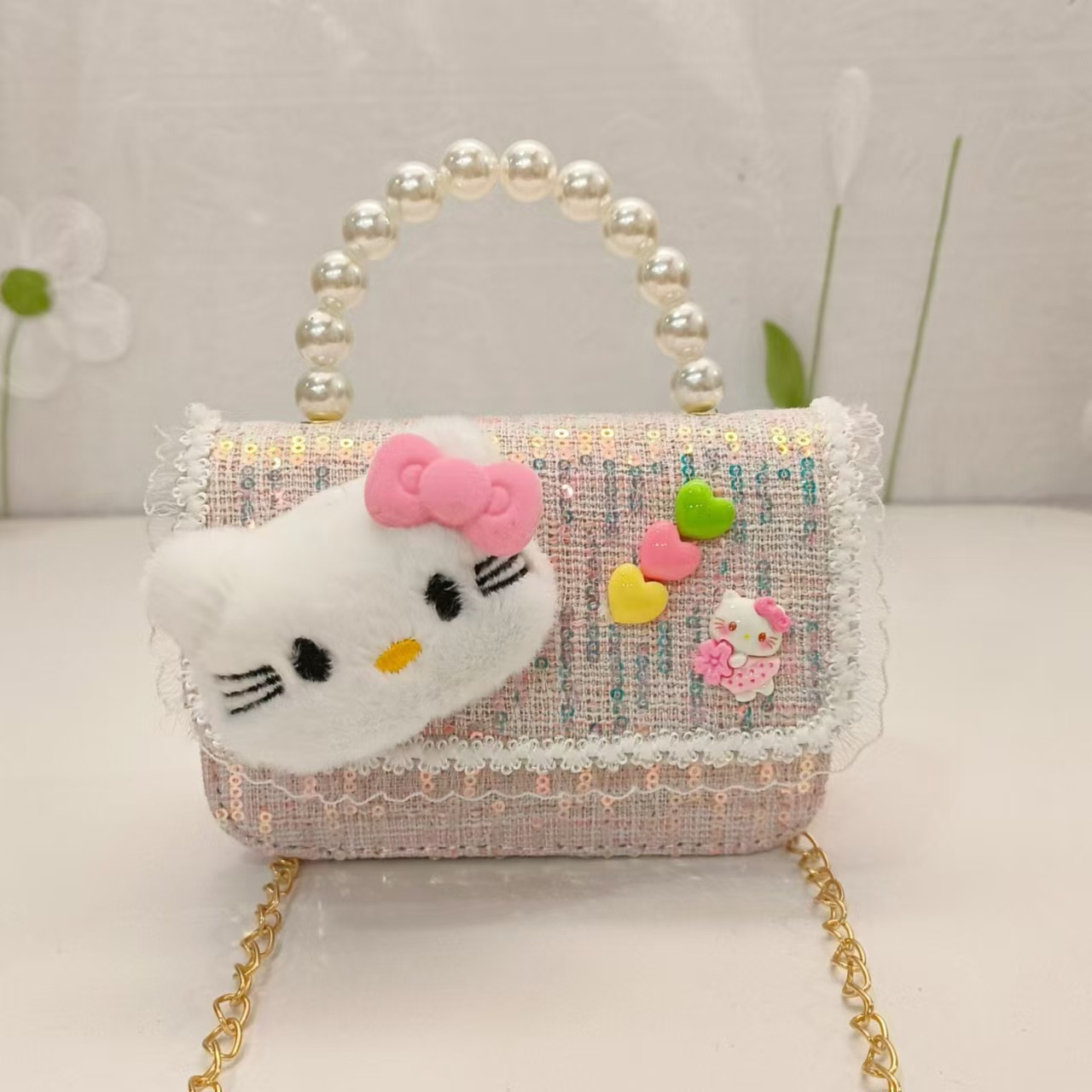 Bolsa de perla de dibujos animados de un hombro con una pequeña bolsa de cambio de viento bolsa de accesorios de niños bolsos cuadrados cadenas mochila de chicas