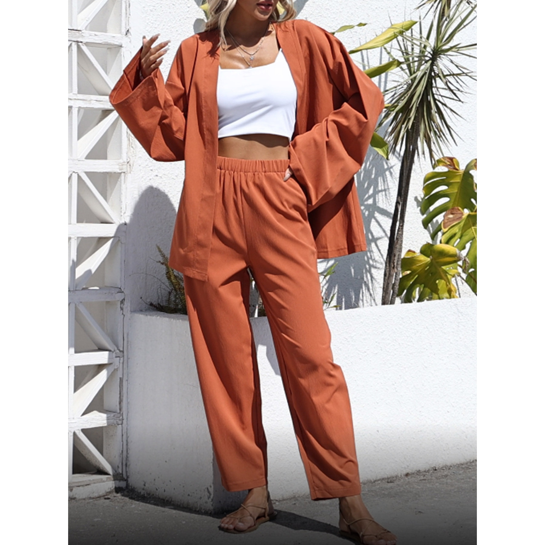  Nuovo vestito da donna di vendita caldo tinta unita in cotone e lino con maniche a tromba e pantaloni dritti casual in vita elastica_voghion.com